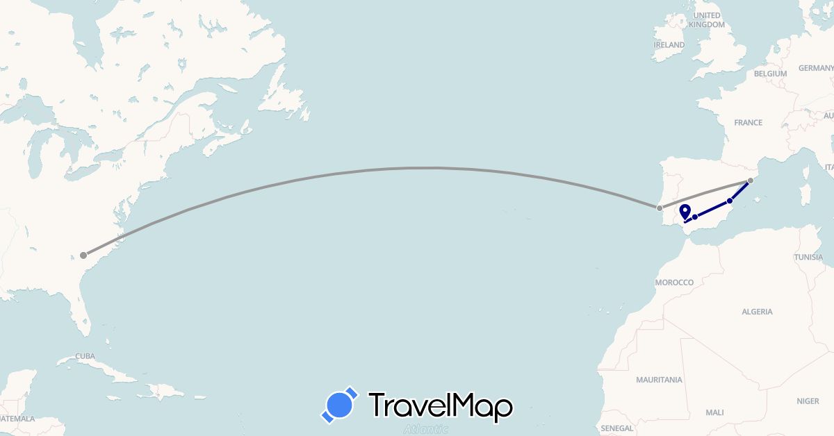 TravelMap itinerary: driving, plane in Spain, Portugal, United States (Europe, North America)